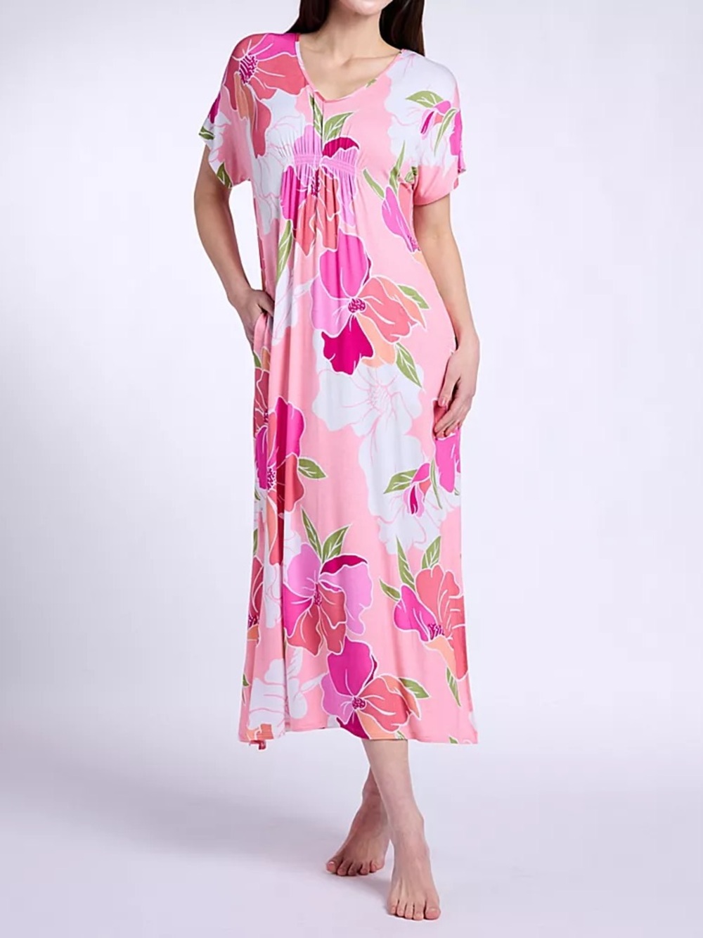 Ellen Tracy Pink Floral V-Neck Maxi Dress Night Gown with White and Green Accent